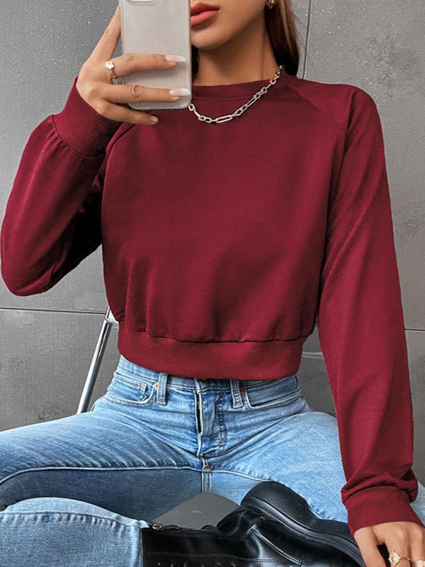 New women's long - sleeved round neck solid color sweater - Outerwear